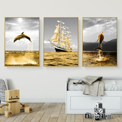 Golden Ocean Landscape Wall Art Canvas Painting Dolphin Posters