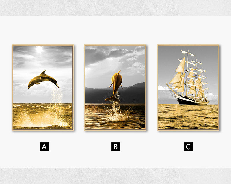 Golden Ocean Landscape Wall Art Canvas Painting Dolphin Posters