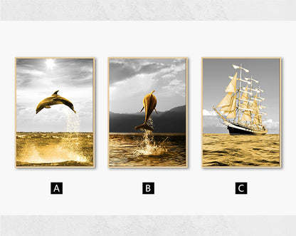 Golden Ocean Landscape Wall Art Canvas Painting Dolphin Posters