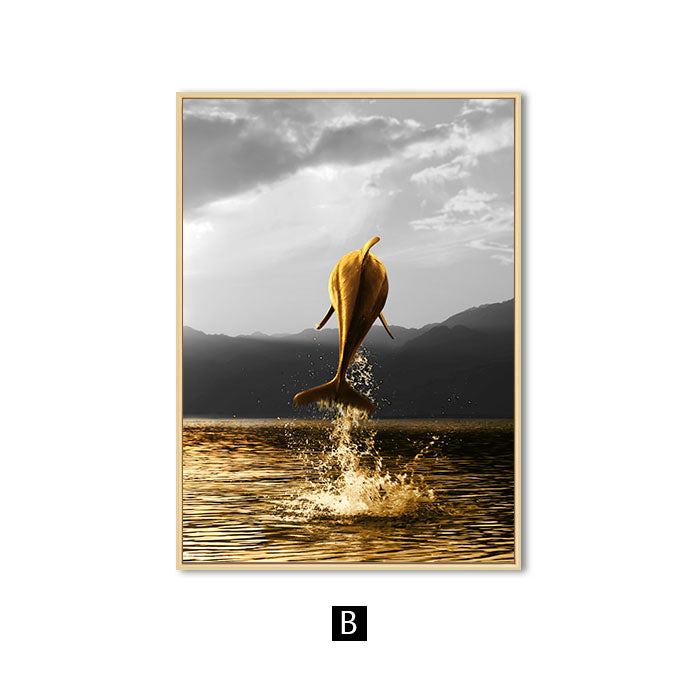 Golden Ocean Landscape Wall Art Canvas Painting Dolphin Posters