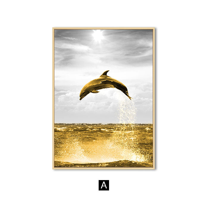 Golden Ocean Landscape Wall Art Canvas Painting Dolphin Posters