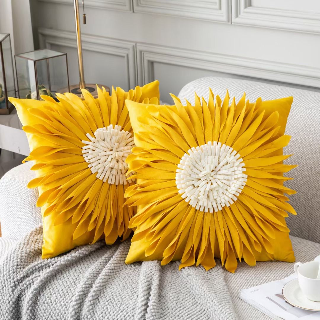 Fashion Modern Style White Throw Pillows Velvet Stitching 3D Chrysanthemum Cushion Waist Pillow Blue Cushion Case