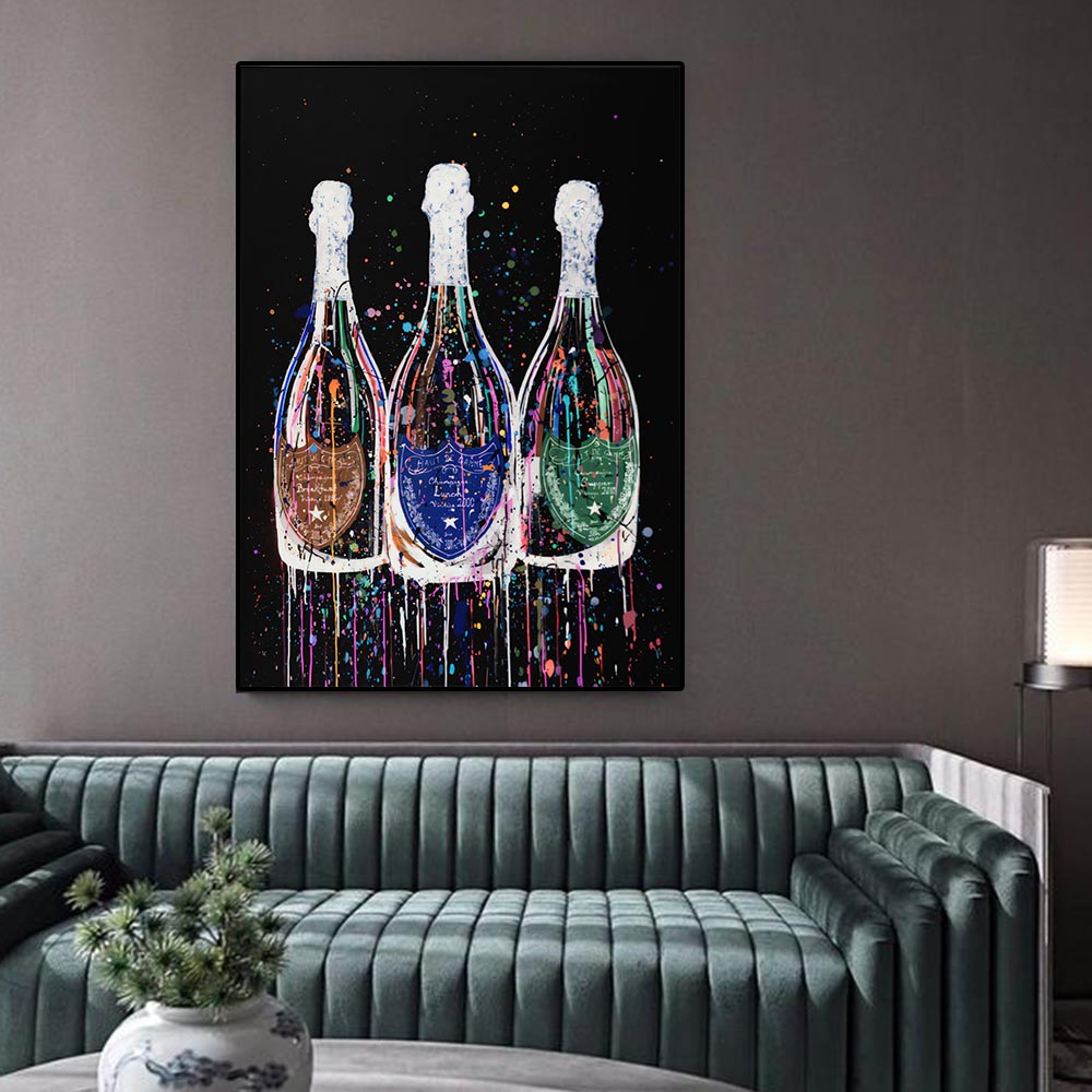 Champagne Bottle Canvas Painting Colorful Art Posters And